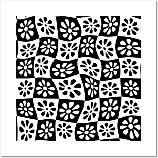 Black Wavy Floral Checkers Posters and Art